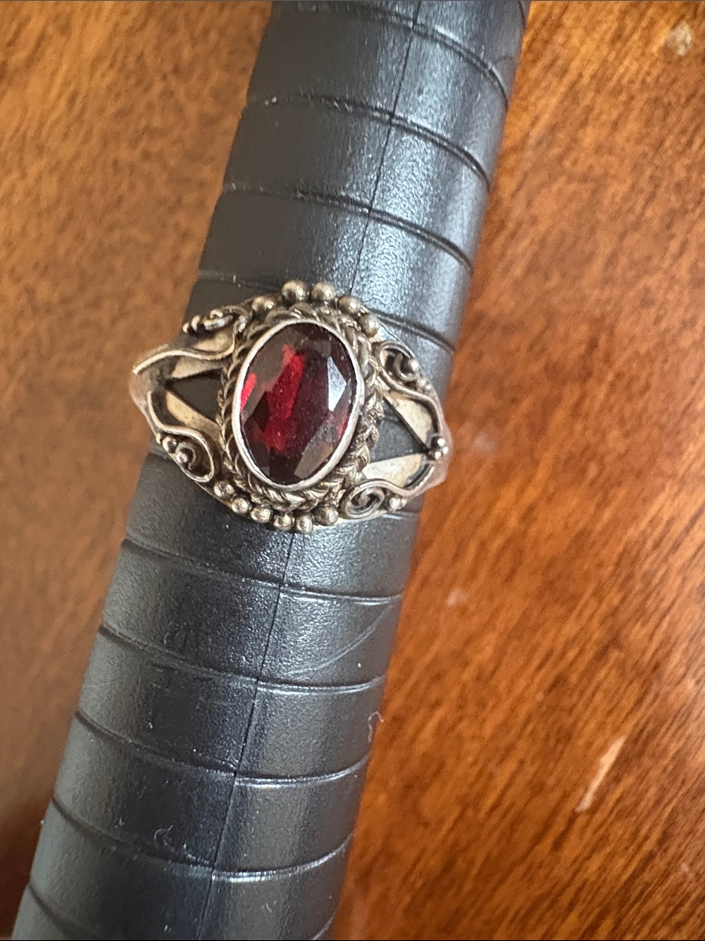 Sterling Silver Ring with Deep Red Oval Stone